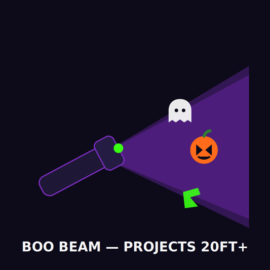 Boolume Boo Beam projector flashlight illustration projecting ghost, pumpkin and witch images