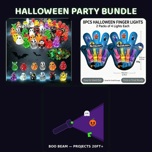 Boolume Halloween Party Bundle — Glow Skull Ducks, Boo Beam projector and Ghost Glow Finger Lights